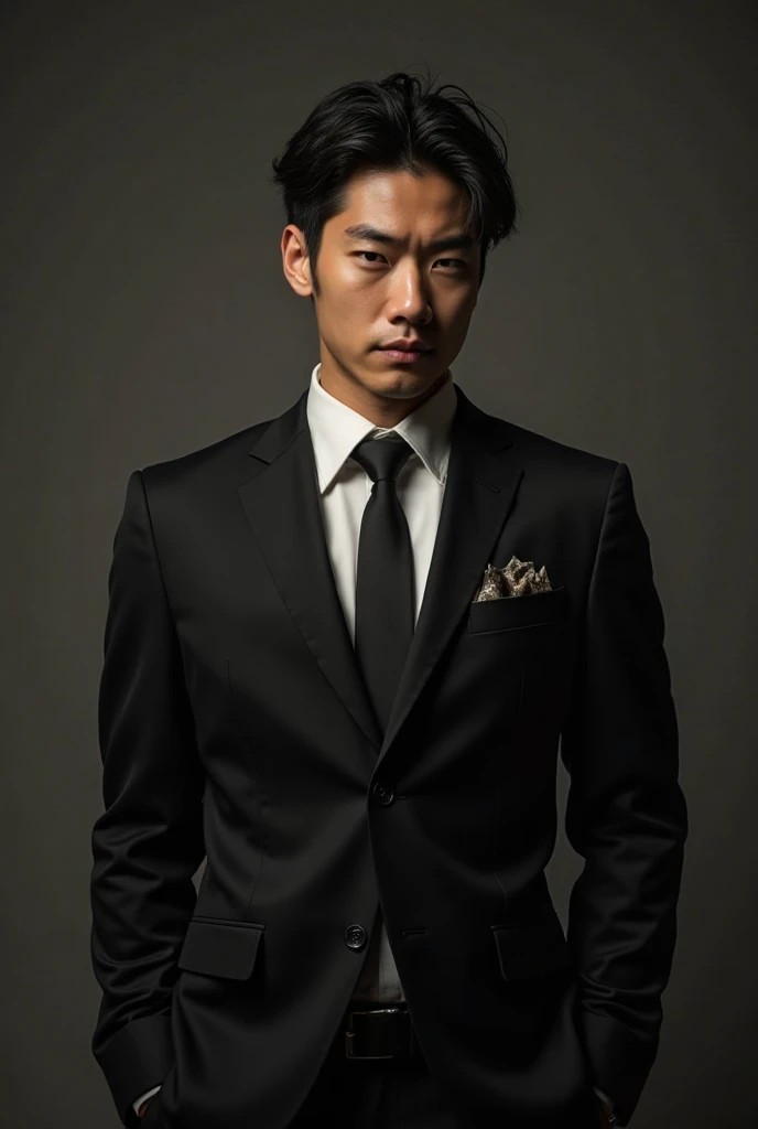 A handsome and fit young Japanese mafia man in a black suit, 16k maximum quality, top quality, top quality, Best quality and detail ,extreme perfection, Hyper-realistic perfect, as high resolution as possible