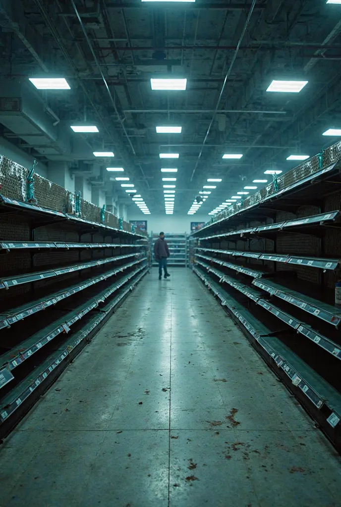 The interior of a vast and abandoned supermarket. The shelves are completely empty, as if there have been no products here for a long time. The lights of the market create a dim and cold atmosphere. There is dust and occasional marks on the floor.