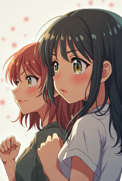 Happy couple of girls with a serious face about to do something anime-like 