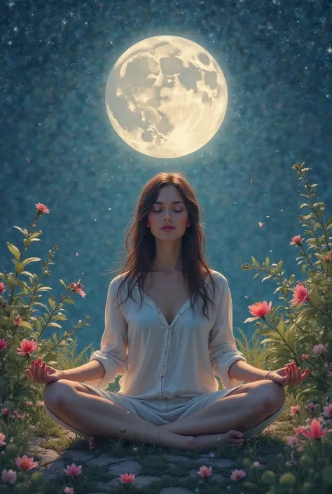 A woman seated in a meditative position in a tranquil garden,  illuminated by the soft light of the full moon , with bright flowers around her and twinkling stars in the sky.