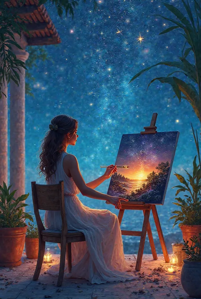  
A woman seated on an easel, painting a picture depicting the night sky filled with stars and planets, on a terrace illuminated by warm lights.