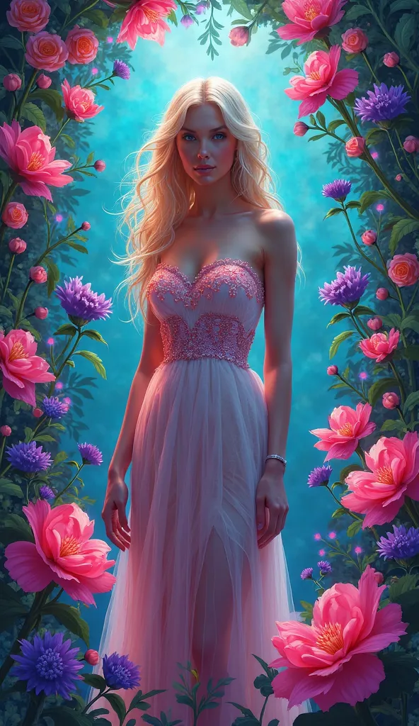 Imagine a powerful and graceful blonde woman in an art nouveau setting, where vibrant neon flowers grow all around her. The woman’s dress should be strapless and have bright hues and neon details, highlighting her imposing figure. The flowers should create...