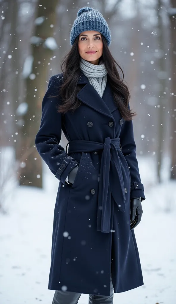 Professional photo shoot of a slender 45-year-old woman with long black hair against the backdrop of a winter landscape. She poses from different angles: full length, medium plan and large portrait. Dressed in an elegant dark blue long coat with a belt, bl...