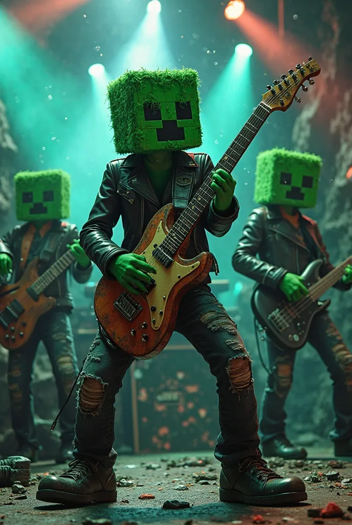 Minecraft Creepers rock band, two guitars  ,  a bass guitar and a drum set  