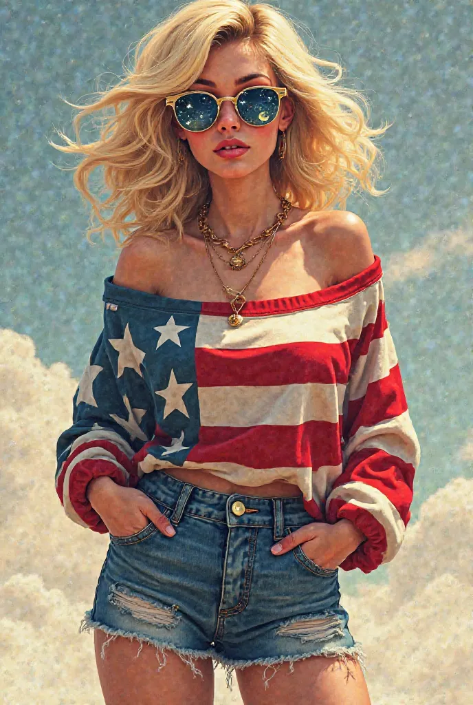 The model is wearing glaChubby blonde 1980s ager an off the shoulder patriotic sweater and short denim mini skirtss sunglasses with stars and the moon on the glass