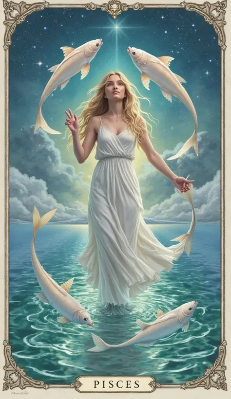 "A tarot card for Pisces, with a soft and ethereal figure, wearing flowing clothes, surrounded by two fish swimming in circles. In the background, There is a calm sea under a starry sky, with a soft, dreamlike light. The card transmits intuition, spiritual...