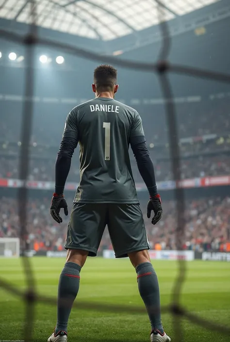 Create a goalkeeper with the number 1 and the name Daniele on the back of the gray jersey.
You must see the goalkeeper looking at the field