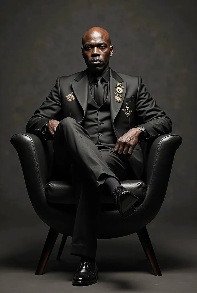 I need picture of black man seating straight on diamond chair wearing suit with freemasons logo compass and letter G on his suit 