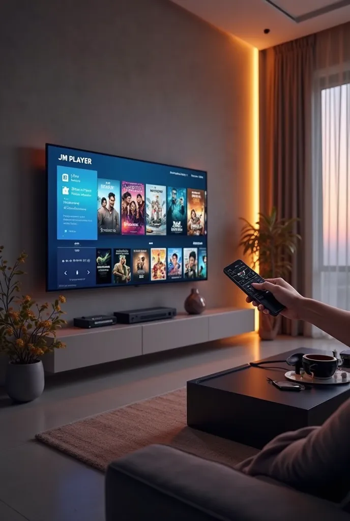 A large flat-screen television mounted on the wall of a modern living room, displaying the interface of a streaming app called "JM PLAYER." The screen features large, clear icons for "LIVE TV," "MOVIES," and "SERIES," with thumbnails for various films and ...