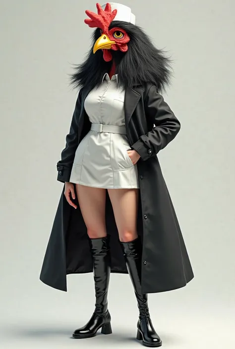 make a female chicken with big black hair wearing a nurses uniform, boots and a big black coat