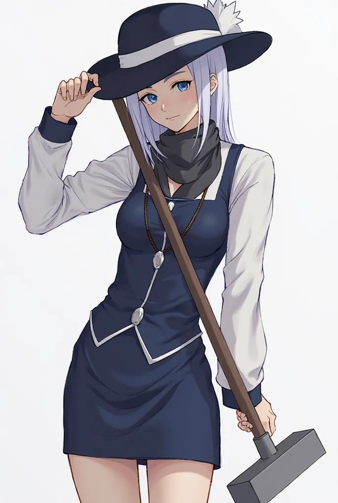 Character is the one-piece style with navy clothing, a long-handled hammer, a black hat with the brims turned upwards, a cloth covering part of her face. 