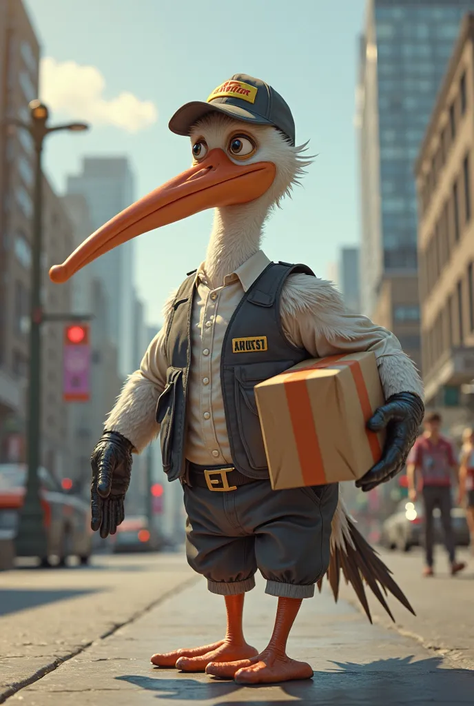 hyper realistic pelican delivery boy clothes