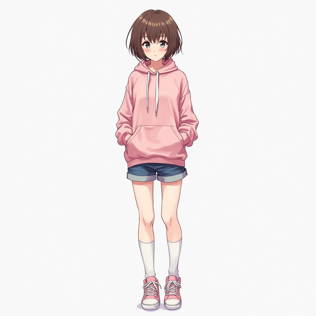 solo, high quality, highly detailed, grey eyes, short brown hair, frowning, full body picture, small breasts, blushing, eyelashes, anime art style, adult, woman, mature, pink hoodie, blue denim shorts, long white socks, pink sneakers