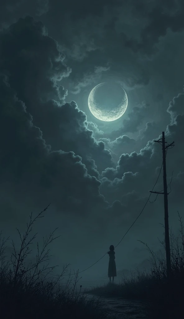 Dark clouds and behind a small moon. 