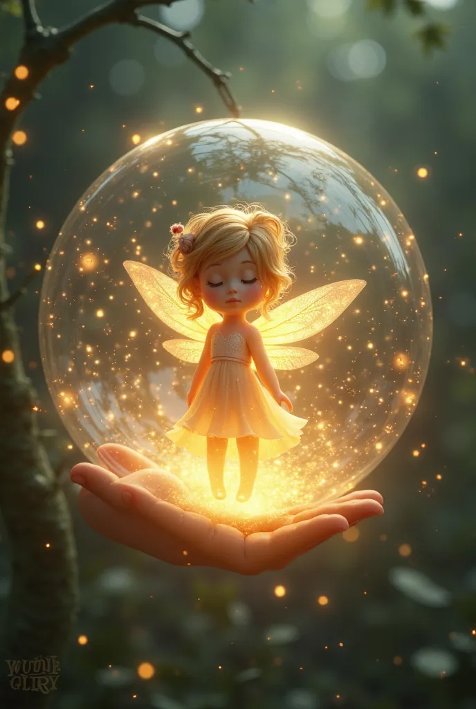 A little fairy, spreading light, surrounded by a safe bubble of light