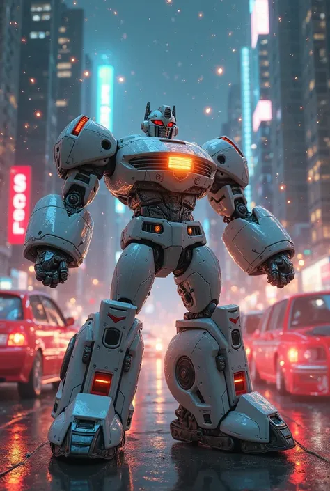 The 1950 Alfa Romeo 430 transformer is depicted in a heroic pose,  with a strong ,  determined look . The transformer is in shades of white and give,  fly around him that provide energy and dynamism. His arms are spread wide,  as if he is ready , To grab t...