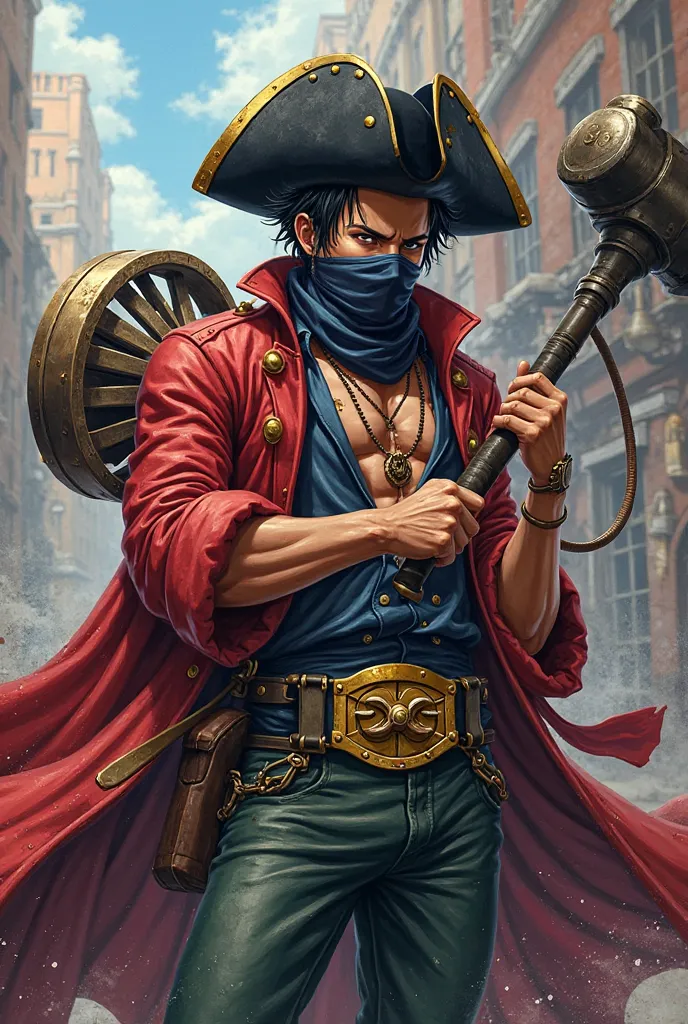 Character in the style of the manga One Piece with powers to manipulate metal, that is, his body being the clothes of pirates from the anime and a sledgehammer with a turbine, he will wear a black hat with brims facing upwards and a cloth covering his mout...