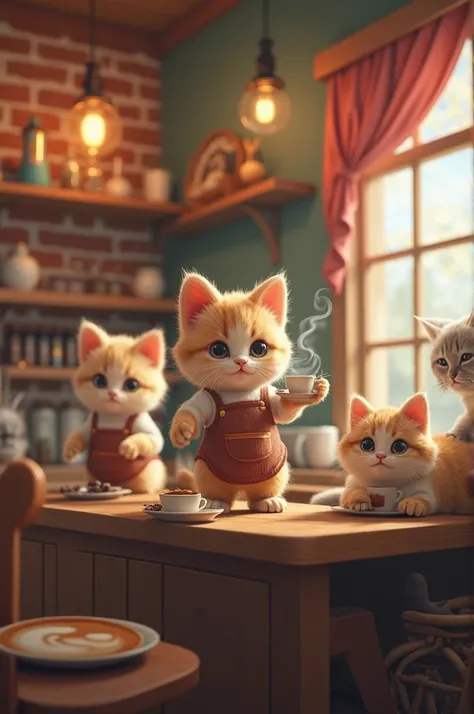 A cozy café run by adorable cats. Small wooden tables, hanging lights, and kittens serving coffee. Some cats are napping on the counter, while others are preparing coffee wearing tiny aprons. The ambiance has a vintage touch, with brick walls and shelves f...