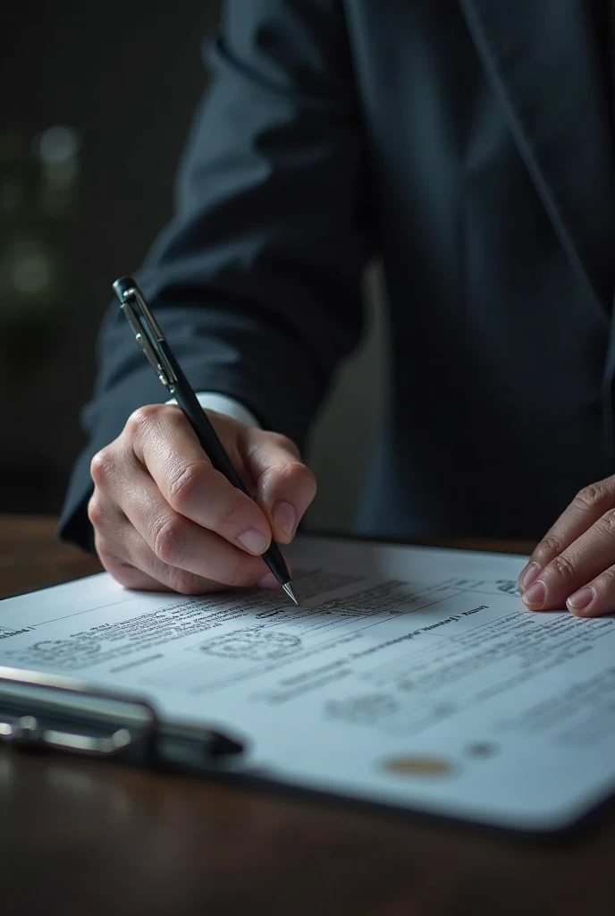 Document preparation — photo of filling out a death certificate or the hand of a funeral agent, signing paper.
