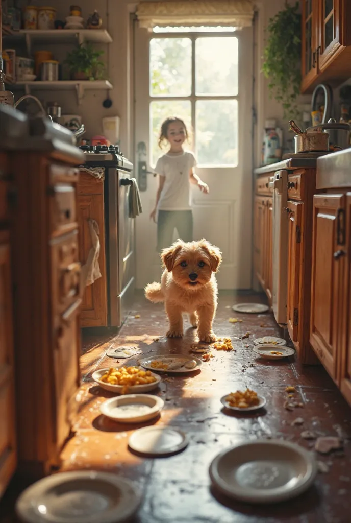 Rosy enters a kitchen, causing disorder. There are broken plates and food scattered on the floor while she curiously explores the space. The kitchen door is open and someone looks at her surprised from the outside.