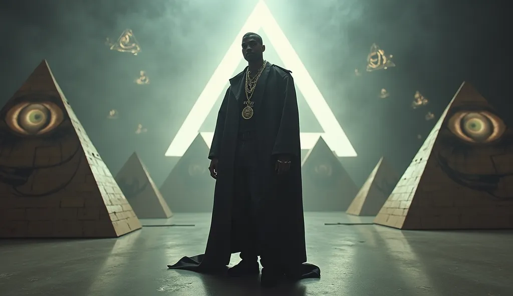 A realistic scene of Kanye West in one of his music videos, dressed in extravagant, dark clothing, surrounded by Illuminati symbols such as pyramids, all-seeing eyes and floating geometric figures. Kanye is standing in the middle of a minimalist stage,  wi...