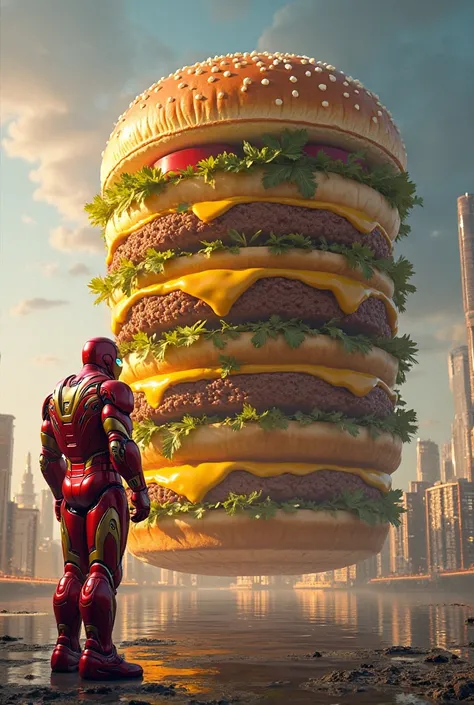 Create a large yellow hamburger with cheese and Iron Man watching it