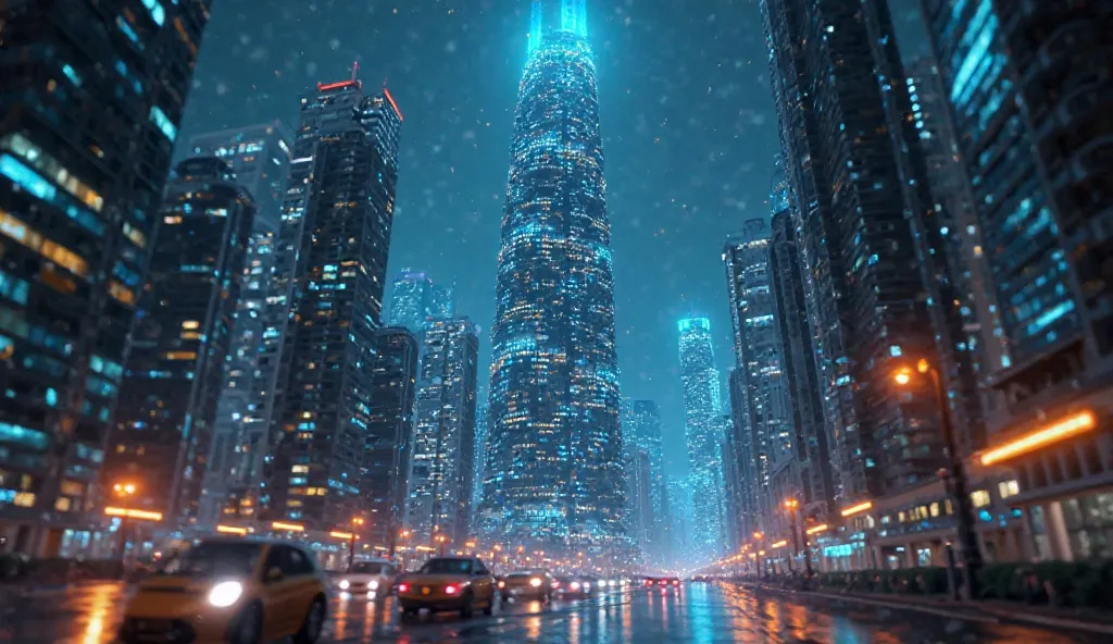 A Minecraft type dynamic and surreal stir animation of a futuristic skyscraper. The animation begins with a slow zoom-in on the towering structure, its neon-lit windows glowing against the dark sky. As the camera moves closer, the building appears to bend ...