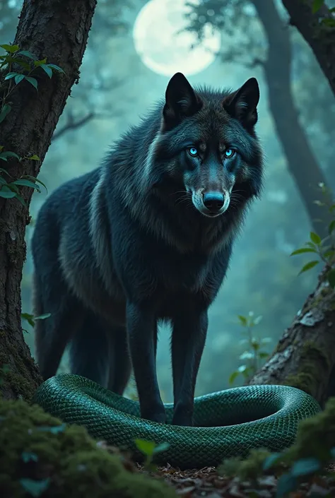 "A large, dark-furred wolf with piercing blue eyes standing in a misty forest. Its fur is thick, and it has a powerful stance, looking ready to hunt."
"A massive, emerald-green snake coiled around a tree branch, its scales shimmering in the moonlight, with...