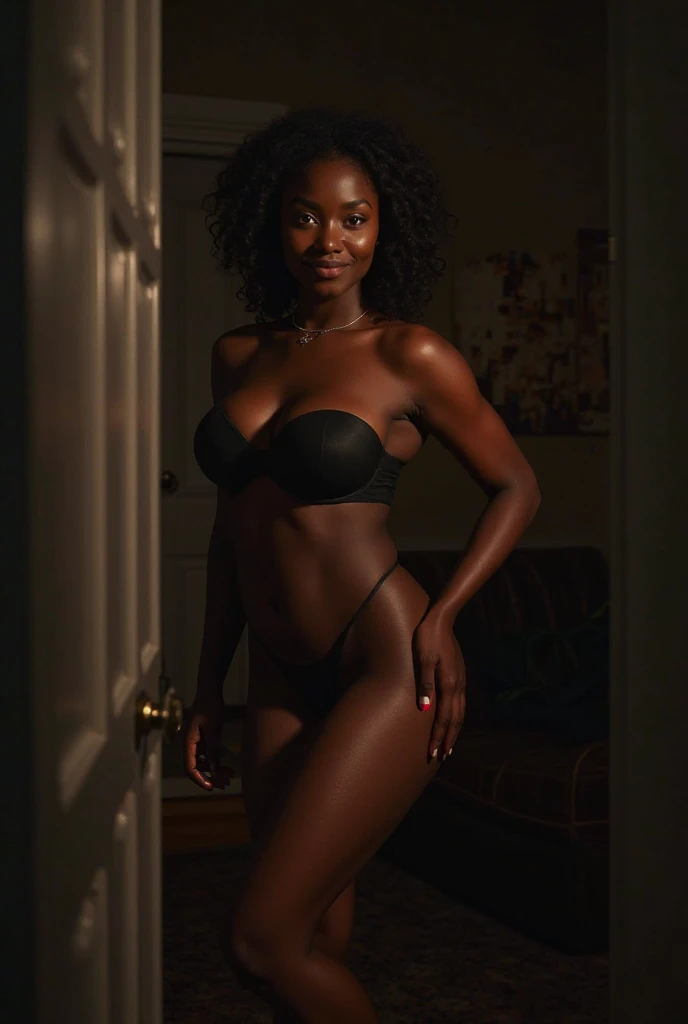 Black woman with nice breasts in an apartment at night