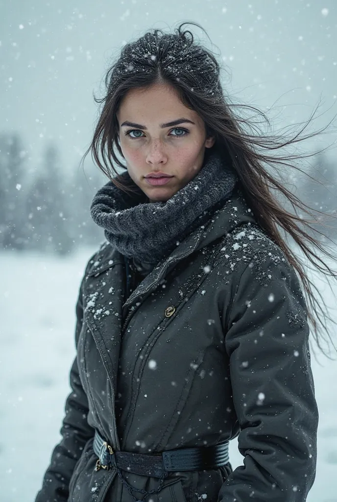 Russian woman in tight clothes in the snow