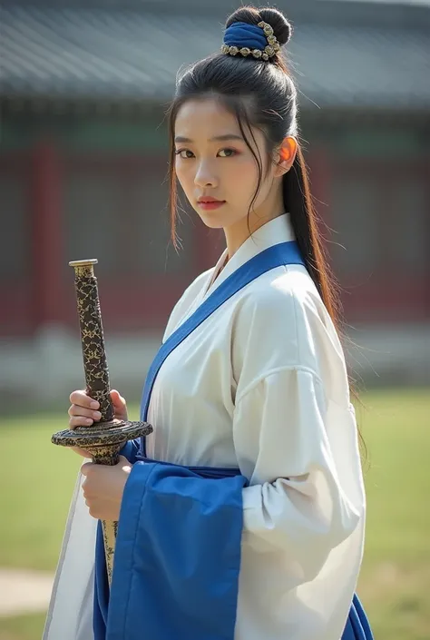 Beautiful princess soldier of the Joseon Dynasty, In the gardens of a large palace,  with a highly detailed sword ,  elegant clothes , long hair, Hair wearing elegant white and blue menswear, simple hairstyle