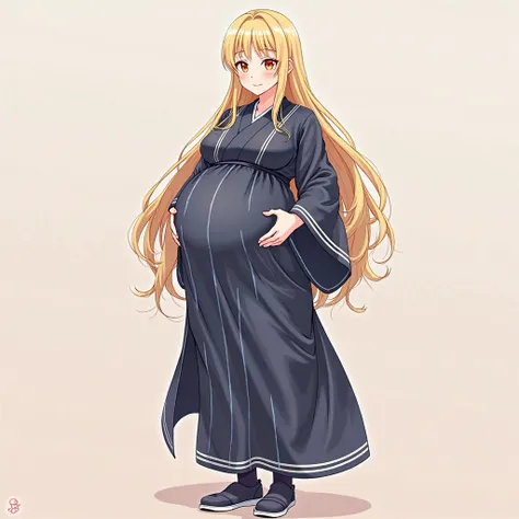 anime girl, long hair, Blonde hair, big pregnant, orange eyes , very big breasts, very big belly , pregnant girl, the biggest belly , anime style, big breasts, pregnant girl with a big belly, smile, dark blue thin tights with white stripes, dark blue long ...