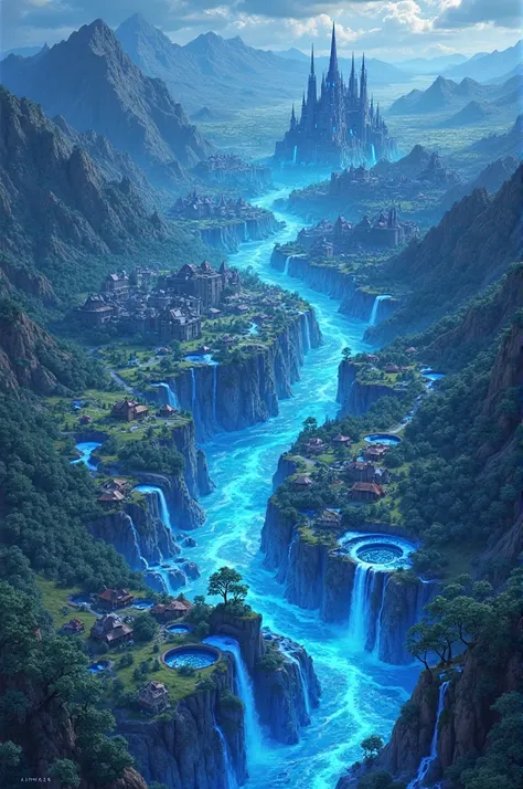 A detailed fantasy map of a country called Blue Lands. The territory is dominated by a massive glowing blue river that stretches across the entire nation, featuring majestic waterfalls and shimmering lakes. The landscape includes vast forests of blue-hued ...