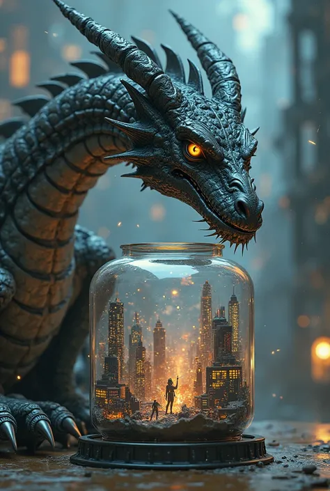 A Cyberpunk dragon featuring iconic literary characters like Sherlock Holmes examines the tumultuous world inside a glass jar with impeccable attention to surfaces and lighting