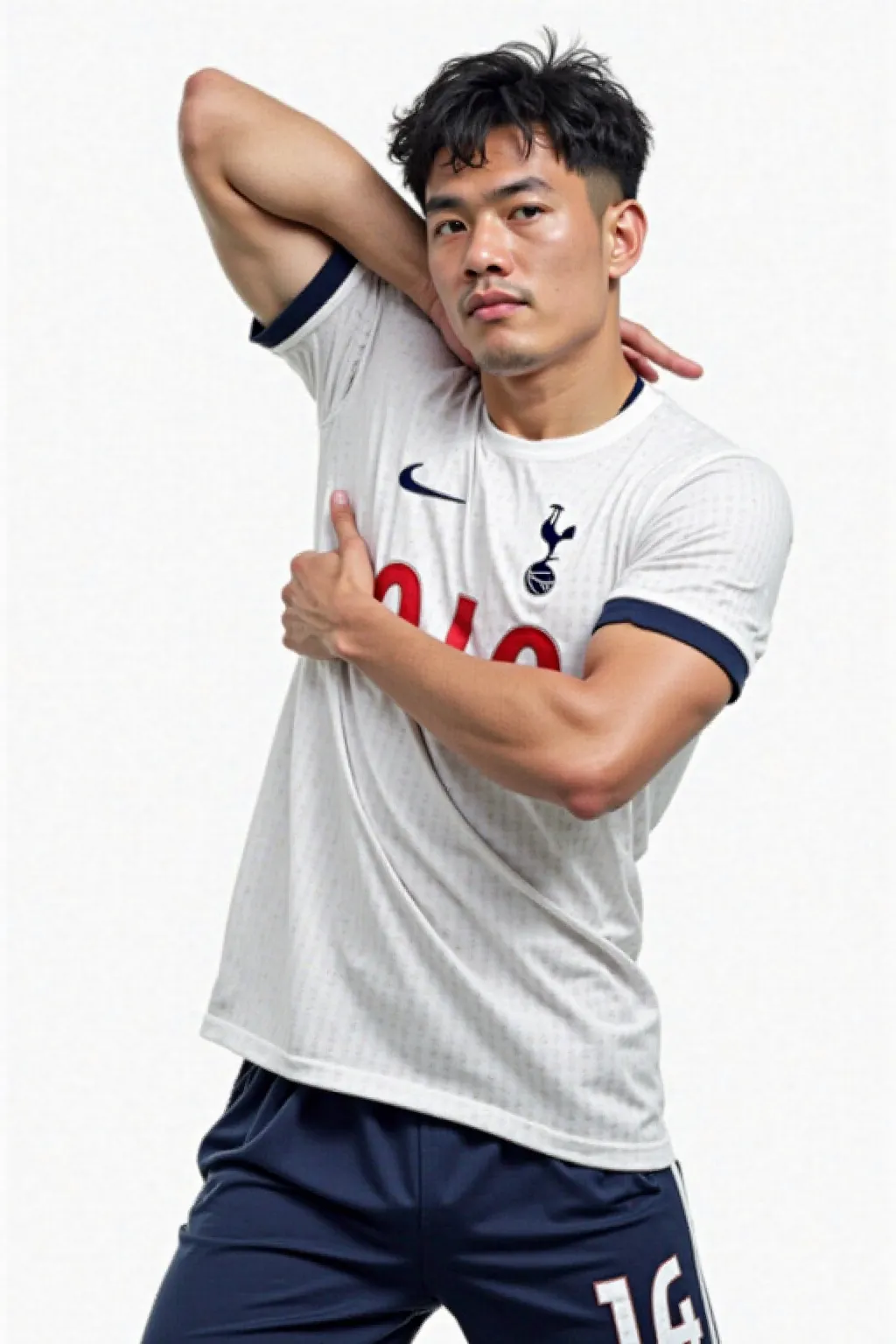 27-year-old male, short wavy fade black hair, athletic and muscular body, And his jaw marked, wearing a white Tottenham Hotspur football shirt and navy blue shorts with Tottenham Hotspur number 04, rests on a white background. He's posing dynamically, seei...