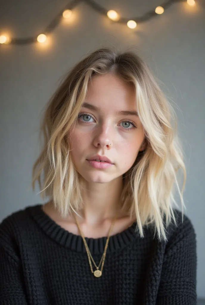 age girl with shoulder-length, light blonde, wavy hair.  Natural light illuminates her fair complexion.  Soft, neutral makeup accentuates her expressive blue eyes and full lips.  A subtle, simple gold necklace complements her casual, relaxed pose.  She wea...