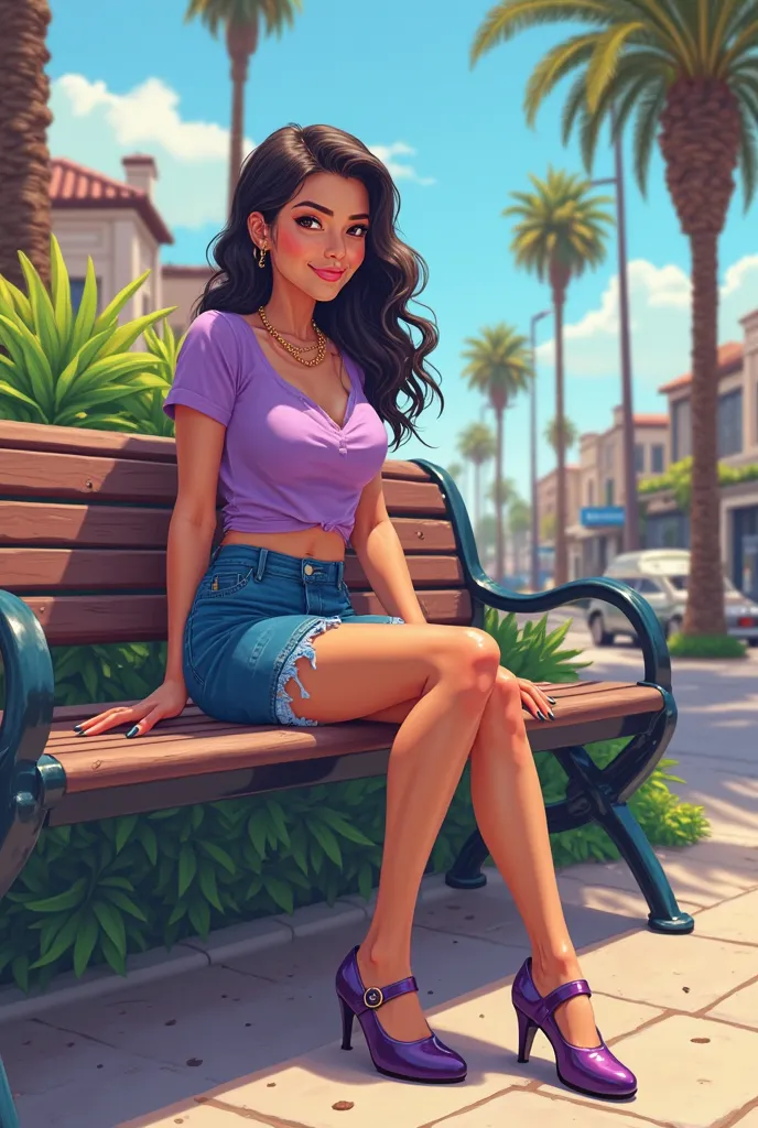 Tip: A very lovely  beautiful Asian American woman being happy alone on a bench in Downtown San Diego in the sun..The illustration is a high definition illustration with 4k resolution., with highly detailed facial features and cartoon style visuals, purple...