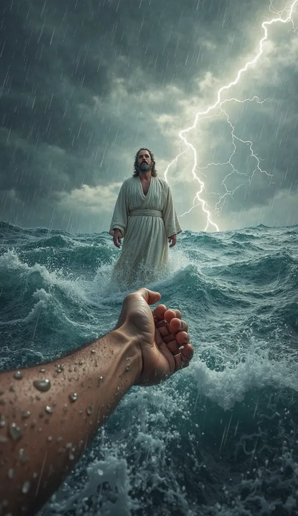 "A first-person view of me, as Peter, firmly gripping the hand of Jesus while standing in the midst of a raging storm on the sea. The sky is dark, filled with heavy, swirling clouds, with lightning flashing in the distance. The wind howls, and the rain pou...