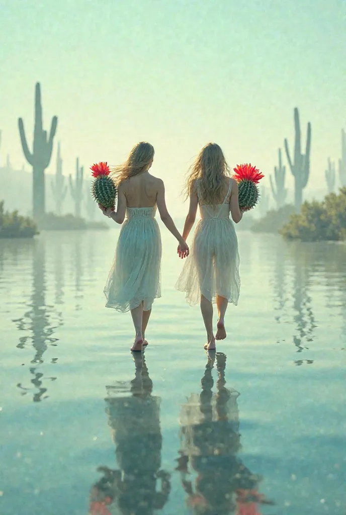 Stella and Julie out walking on water with cacti in hand