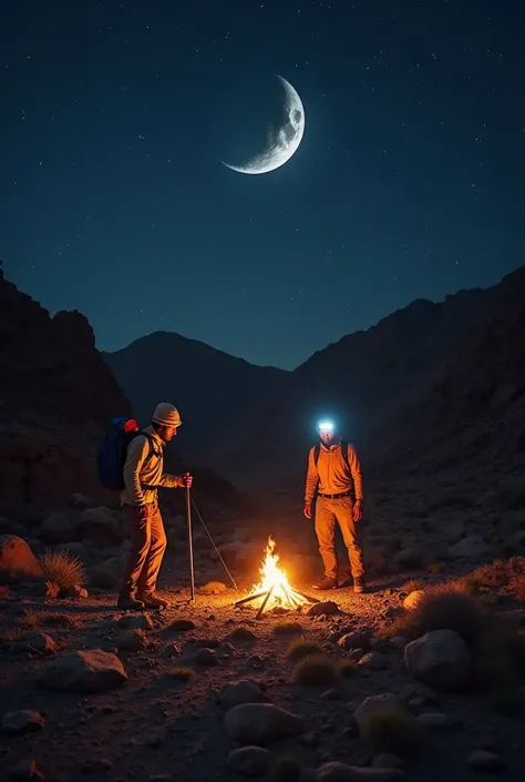 I want a realistic pictures very real for people hiking in Kuwait Mutlla area and they are wearing a headlight please show the light and there is a crescent moon above them. Please make it real and make it at night. With a bonfire make them hiking dont sho...