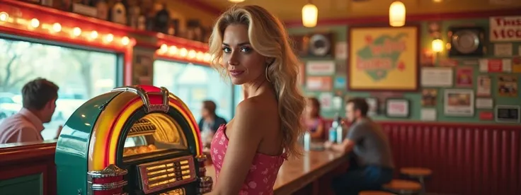 a blond venezuelan woman, serving food , in a pink dress from the 50s standing next to a juke box in a classic burger bar with people dressed in 50s cloths eating in the back, This We Like written on the wall