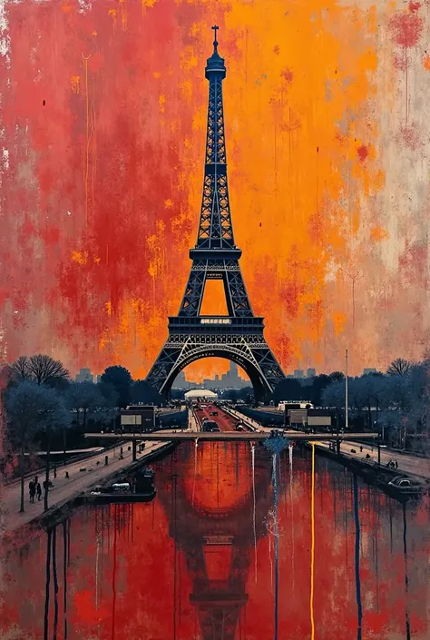 a Eiffel Tower on top of a red-silver and orange wall, trending in behance, paint drip, nice art, instagram art, inspired by Erik Pevernagie, nice deep colours, rendered in corona, excellent use of negative space, by Richard Hess, blue and gray colors, aut...