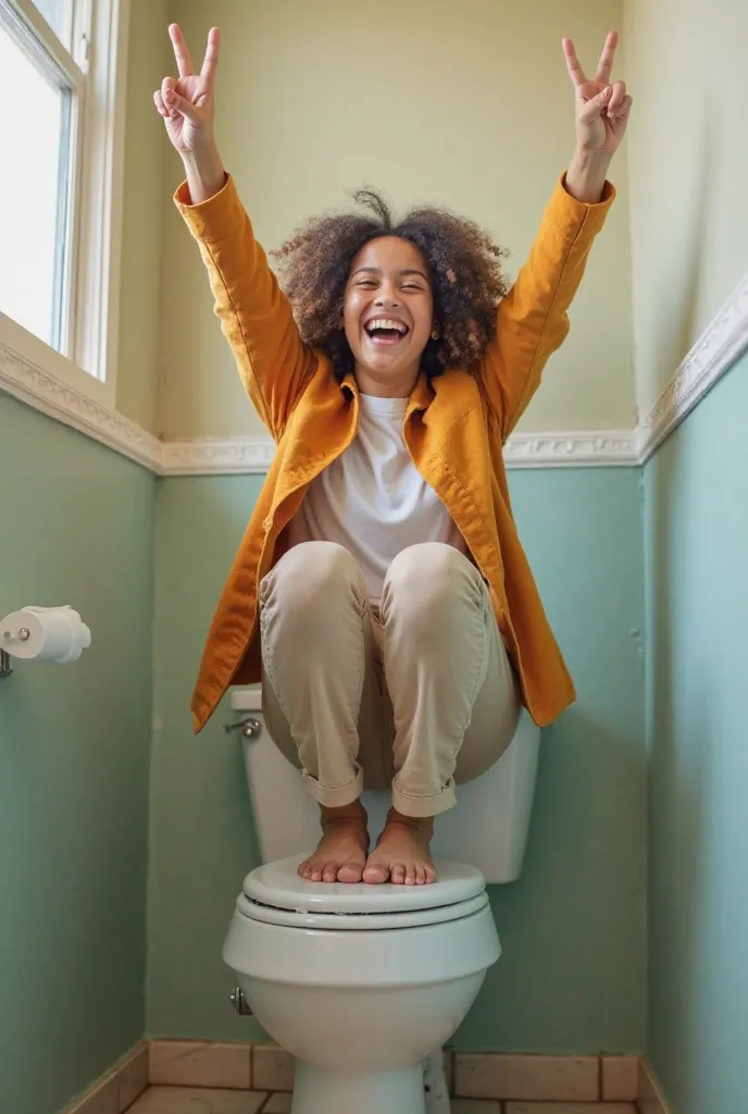 A friendly and smiling young teacher sitting on top of a toilet and showing victory's fingers with one hand.