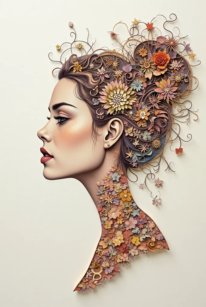 Volumeless illustration using the paper art, technique showing the face of a woman and the silhouette of her hair that is filled with motifs related to the strength of a woman 