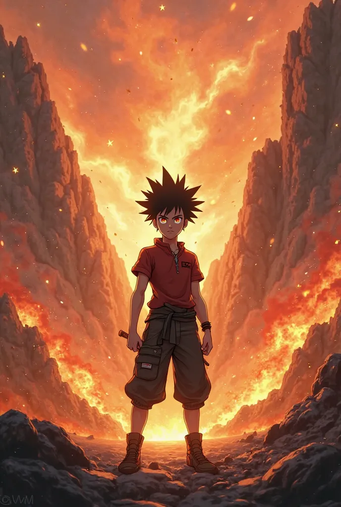 Gon, character from Hunter x Hunter. The background is dynamic, featuring a fiery landscape.