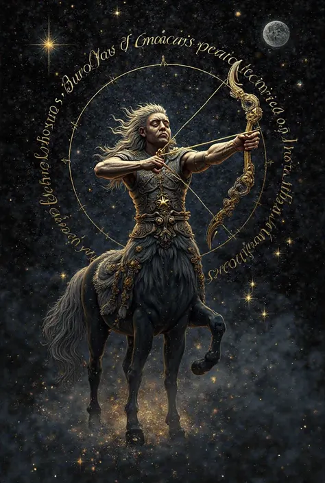 A drawing of sagittarius with his stars and a short massage in all black