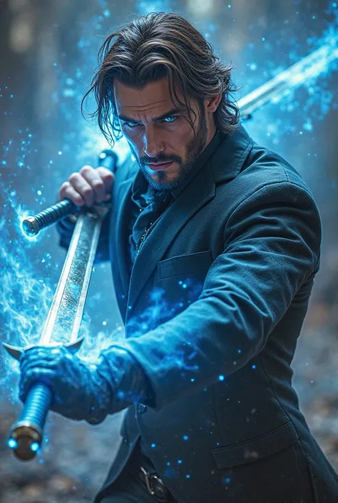 Tall and strong handsome man with brown hair in a black suit wearing a white shirt with a sky blue tie with two swords wrapped in blue light in combat posture with glowing blue eyes