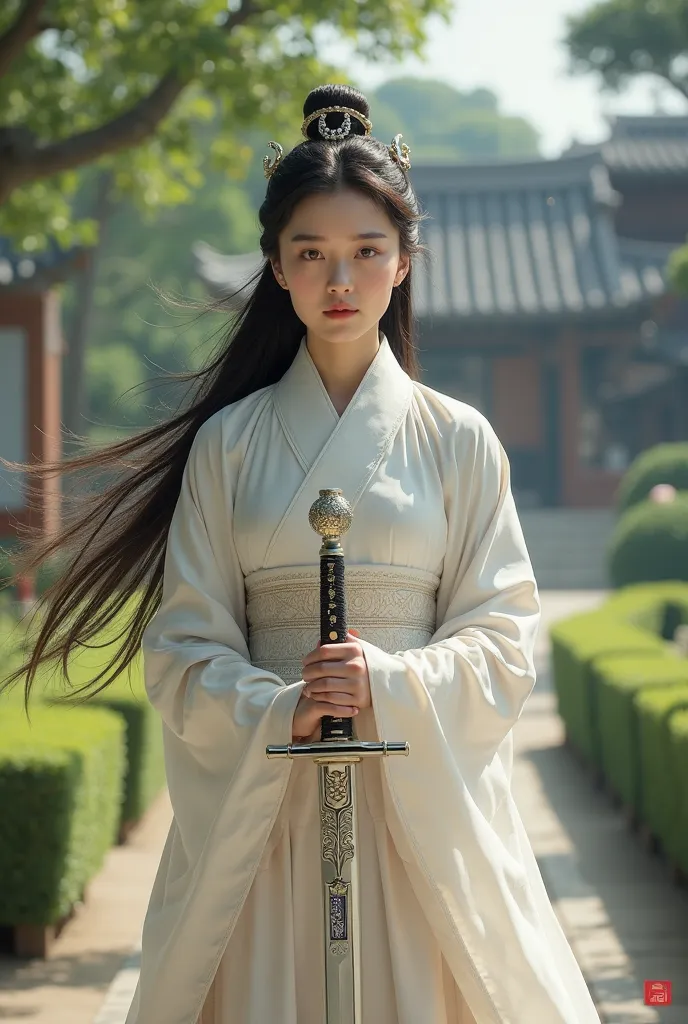 Beautiful princess soldier of the Joseon Dynasty, In the gardens of a large palace, With a white-armed sword,  elegant clothes , long hair, Hair wearing elegant men's clothing, simple hairstyle