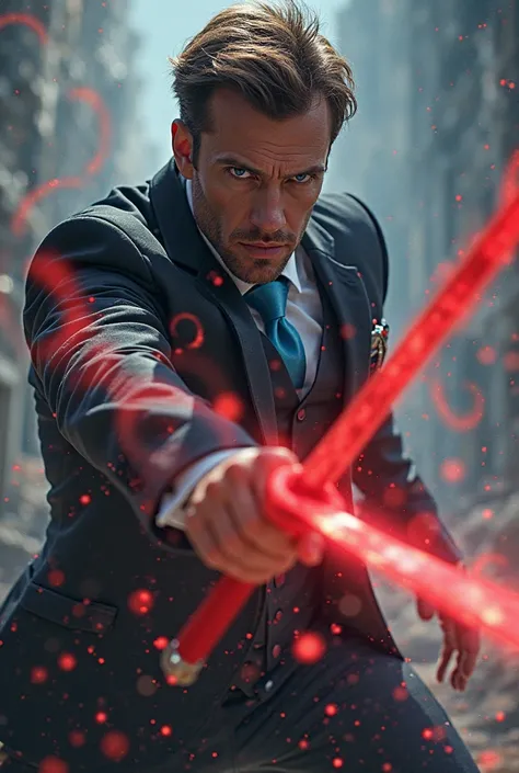 Tall and strong handsome man with brown hair in a black suit wearing a white shirt with a sky blue tie with two swords wrapped in red light in combat posture with glowing blue eyes