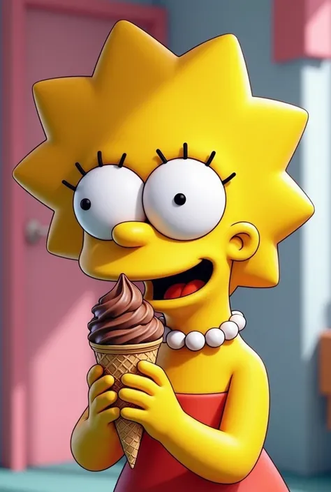 original image of Lisa Simpson eating a cone of high-quality chocolate-flavored nacelle ice cream showing a cheerful Pixar-style face